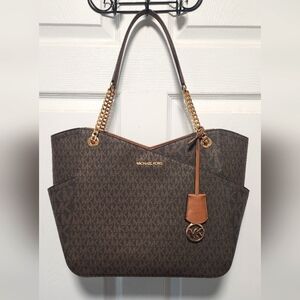 Michael Kors Dark Brown Signature Coated Canvas Large Jet Set Travel Tote